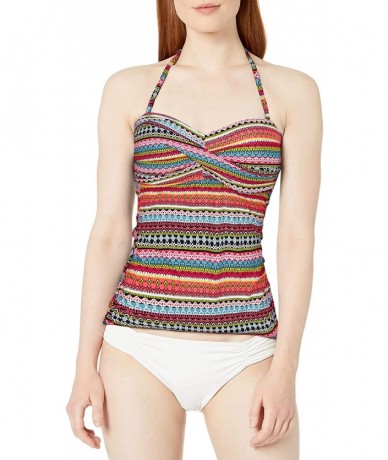 Tops Women's Twist Front Shirred Bandeau Tankini Swim Top - Jet Set Stripe - CY18ZQ6RTK0 $82.48