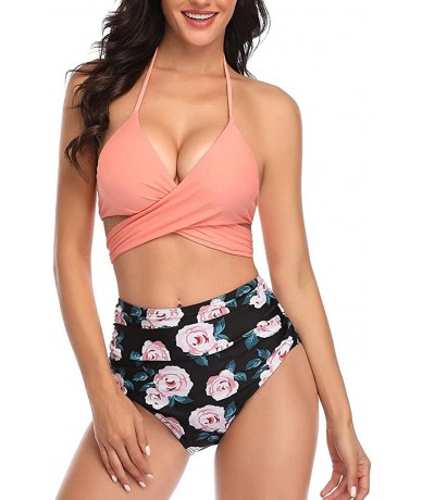 Sets Women Swimsuit Halter Bandage Wrap Bikini Set Push-Up Ruched High Waist Swimwear - Pink - CR194TE2DQN $71.42