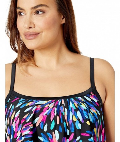 Tops Women's 3-Tiered Ruffle Tankini Swimsuit Top - Black//Sparkler - C718HSSIL2N $47.44