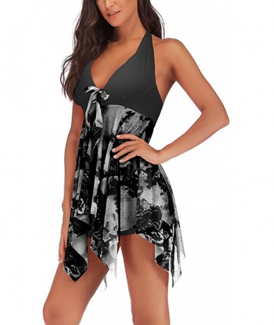 Tankinis Women's Tankini Swimdress Halter Floral Two Piece Print Swimsuit Bathing Suit - Black - CH18QGSKC4T $42.89