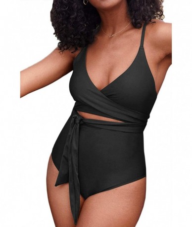 One-Pieces Women's Plunge V Neck Wrap Tie Belted Cutout One Piece Swimsuits - Black - CY1943OS22Y $39.31