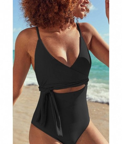 One-Pieces Women's Plunge V Neck Wrap Tie Belted Cutout One Piece Swimsuits - Black - CY1943OS22Y $39.31