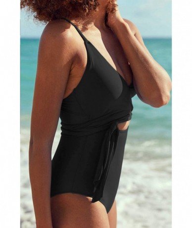 One-Pieces Women's Plunge V Neck Wrap Tie Belted Cutout One Piece Swimsuits - Black - CY1943OS22Y $39.31