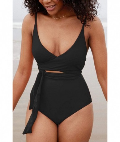 One-Pieces Women's Plunge V Neck Wrap Tie Belted Cutout One Piece Swimsuits - Black - CY1943OS22Y $39.31