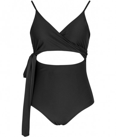 One-Pieces Women's Plunge V Neck Wrap Tie Belted Cutout One Piece Swimsuits - Black - CY1943OS22Y $39.31