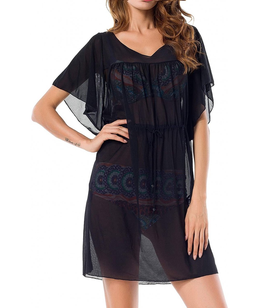 Cover-Ups Womens Summer Sexy See-Through Bikini Cover up Sun Protective Beach Dress - Chiffon Black - CB18U4IC6N8 $41.31