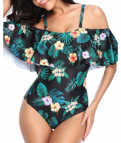 One-Pieces Women's One Piece Swimsuit Vintage Off Shoulder Ruffled Bathing Suits - H-yellow Flower - C518KGDZO0M $30.53