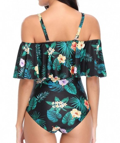 One-Pieces Women's One Piece Swimsuit Vintage Off Shoulder Ruffled Bathing Suits - H-yellow Flower - C518KGDZO0M $30.53