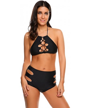 Sets Women's Sexy High Waist Flounce Bikini Top with Print Cut Out Bottoms - Black - C51967WCZ98 $21.75