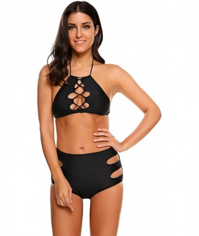 Sets Women's Sexy High Waist Flounce Bikini Top with Print Cut Out Bottoms - Black - C51967WCZ98 $21.75