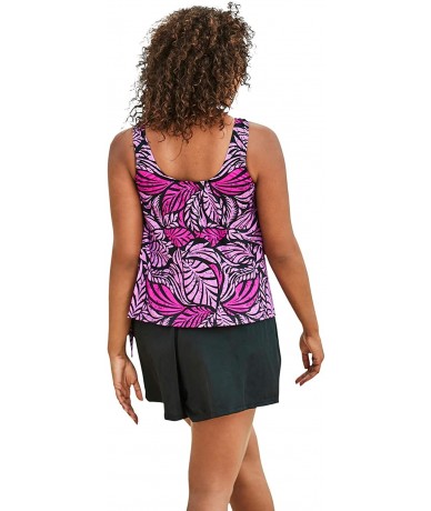 Tankinis Women's Plus Size 2-Piece Blouson Swim Set - Blue Stencil Leaf Print (0049) - CB195SDZ66C $77.03