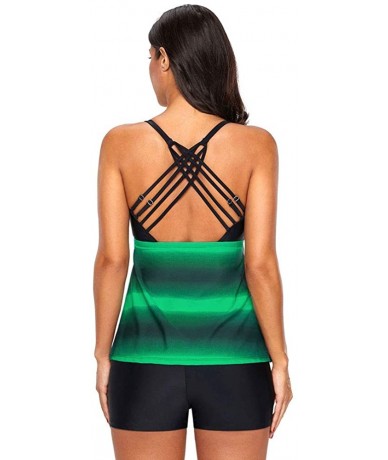 Tankinis Womens Color Block Plus Size Tankini Set Bathing Suit Swimsuit Swimwear Boyshort - Green - CI196NC67OX $53.16