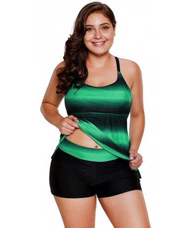 Tankinis Womens Color Block Plus Size Tankini Set Bathing Suit Swimsuit Swimwear Boyshort - Green - CI196NC67OX $53.16