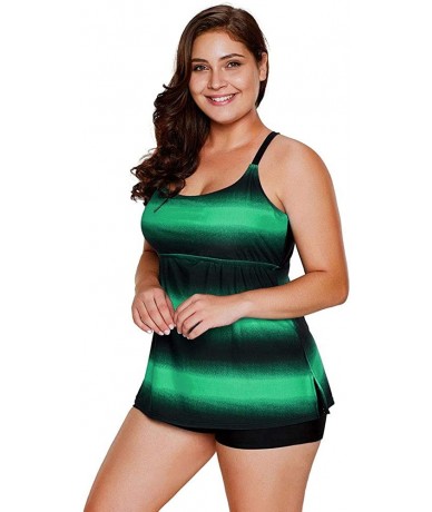 Tankinis Womens Color Block Plus Size Tankini Set Bathing Suit Swimsuit Swimwear Boyshort - Green - CI196NC67OX $53.16