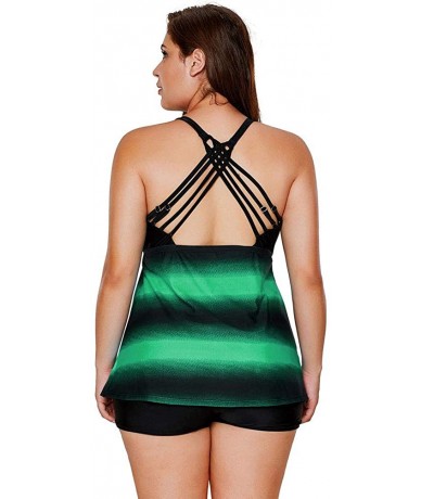 Tankinis Womens Color Block Plus Size Tankini Set Bathing Suit Swimsuit Swimwear Boyshort - Green - CI196NC67OX $53.16