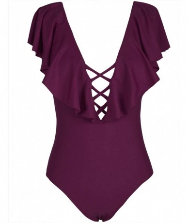 One-Pieces Women's One Piece Swimsuit Sexy Ruffle V-Plunge Monokini Bathing Suit - Burgundy - C218RZEC0SC $20.37