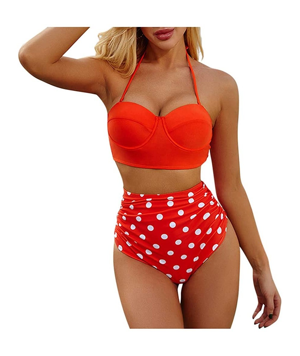 Sets Women Tummy Control Bikini Set Swimwear High Waist Bathsuit Top Plus Bottom - 003-red - CT196II2R6T $28.14