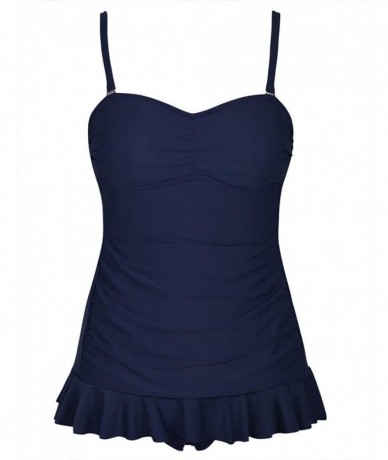 One-Pieces Women's One Piece Swimsuit Ruffle Hem Swimdress Ruched Skirted Bathing Suit - Navy - CD18UCGMLMD $58.29