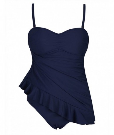 One-Pieces Women's One Piece Swimsuit Ruffle Hem Swimdress Ruched Skirted Bathing Suit - Navy - CD18UCGMLMD $58.29