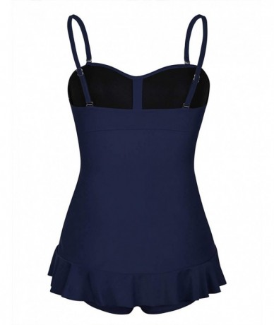 One-Pieces Women's One Piece Swimsuit Ruffle Hem Swimdress Ruched Skirted Bathing Suit - Navy - CD18UCGMLMD $58.29