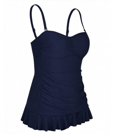 One-Pieces Women's One Piece Swimsuit Ruffle Hem Swimdress Ruched Skirted Bathing Suit - Navy - CD18UCGMLMD $58.29