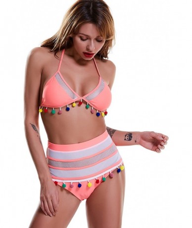 Sets Women's High Waist Two Pieces Bikini Set Padded Stripe Tassel Trim Top Mesh Swimsuit Swimwear Bathing Suit - Pink - CZ18...