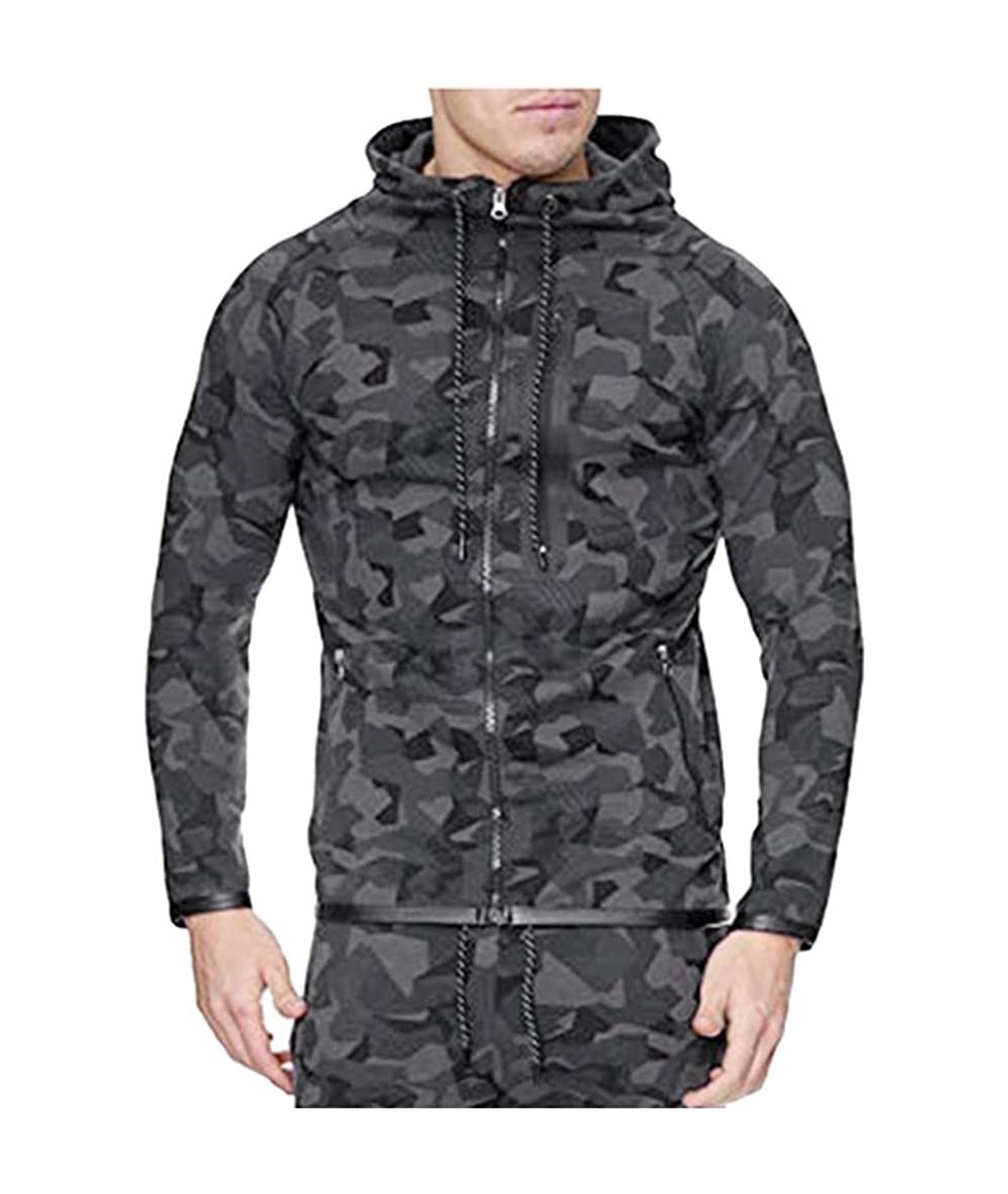 Racing Mens Camouflage Print Zipper Hoodies Casual Long Sleeve Hooded Sweatshirt Drawstring Slim Fit Sport Outwear - Black - ...