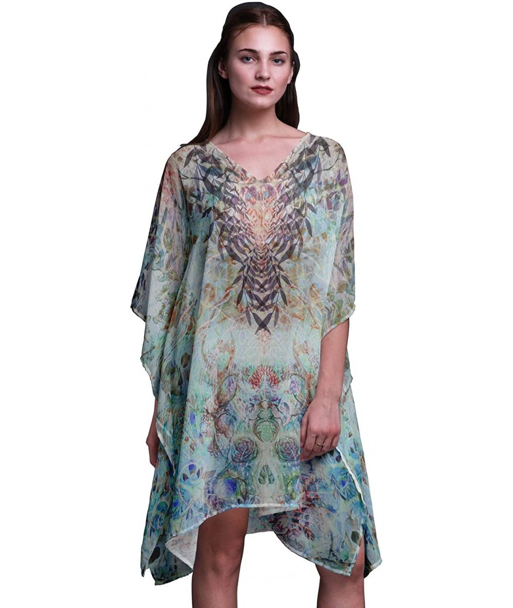 Cover-Ups Blue Floral & Skull Ladies Kaftan Holiday Loungewear Midi Dress Beach Coverup - Light Blue - CB18NCQTYEX $41.60