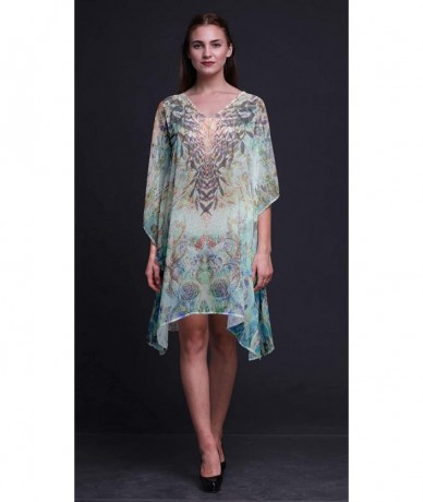 Cover-Ups Blue Floral & Skull Ladies Kaftan Holiday Loungewear Midi Dress Beach Coverup - Light Blue - CB18NCQTYEX $41.60