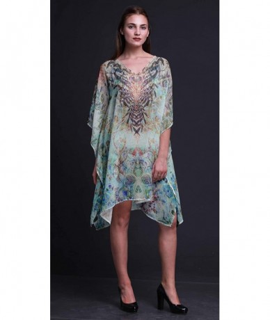 Cover-Ups Blue Floral & Skull Ladies Kaftan Holiday Loungewear Midi Dress Beach Coverup - Light Blue - CB18NCQTYEX $41.60