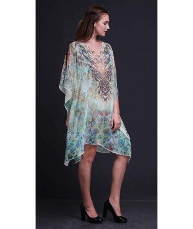 Cover-Ups Blue Floral & Skull Ladies Kaftan Holiday Loungewear Midi Dress Beach Coverup - Light Blue - CB18NCQTYEX $41.60