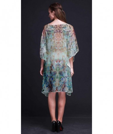 Cover-Ups Blue Floral & Skull Ladies Kaftan Holiday Loungewear Midi Dress Beach Coverup - Light Blue - CB18NCQTYEX $41.60