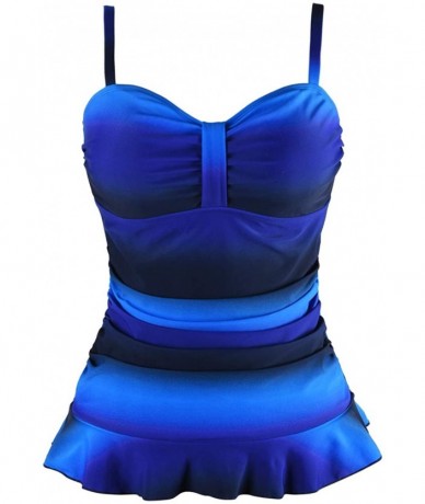 Tankinis Women's 50's Retro Ruched Tankini Swimsuit Top with Ruffle Hem - Blue&black - CB196OH4LOX $43.00