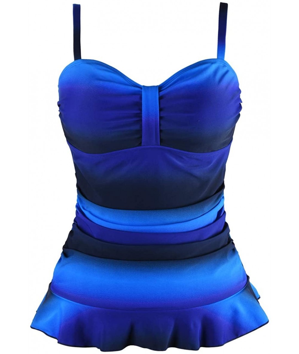 Tankinis Women's 50's Retro Ruched Tankini Swimsuit Top with Ruffle Hem - Blue&black - CB196OH4LOX $43.00