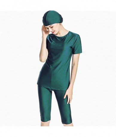 Sets Women Modest Muslim Solid Color Swimwear for Women Girls Bathing Suit with Cap - Green - CN18OXXTDLX $35.65