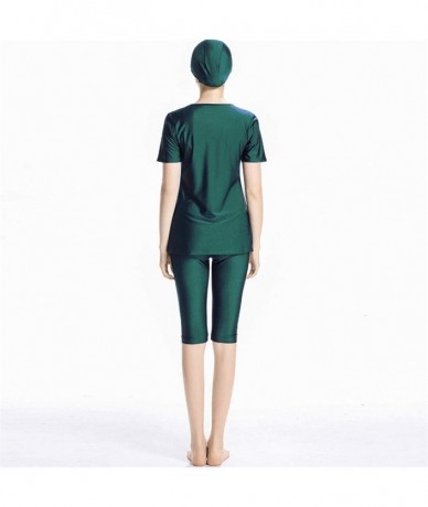 Sets Women Modest Muslim Solid Color Swimwear for Women Girls Bathing Suit with Cap - Green - CN18OXXTDLX $35.65