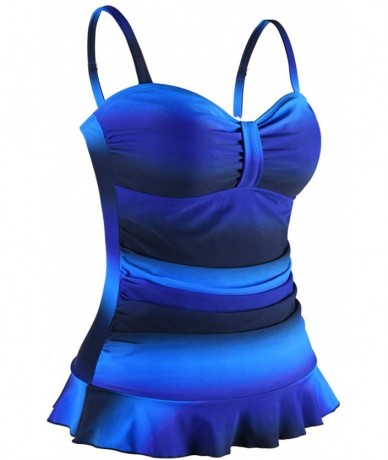 Tankinis Women's 50's Retro Ruched Tankini Swimsuit Top with Ruffle Hem - Blue&black - CB196OH4LOX $43.00