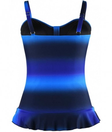 Tankinis Women's 50's Retro Ruched Tankini Swimsuit Top with Ruffle Hem - Blue&black - CB196OH4LOX $43.00