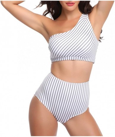 Sets Women Leopard One Shoulder Swimsuits High Waist Bikini Set 2 Pieces Push Up Bathing Suits - White - C118KOSQLSY $49.55