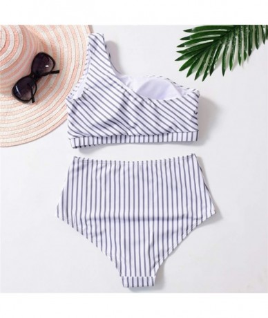 Sets Women Leopard One Shoulder Swimsuits High Waist Bikini Set 2 Pieces Push Up Bathing Suits - White - C118KOSQLSY $49.55