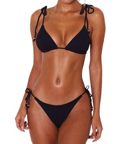 Sets Women's Tie Side Bottom Triangle Bikini Swimsuits - Black1 - CZ18QN2O9W8 $25.99