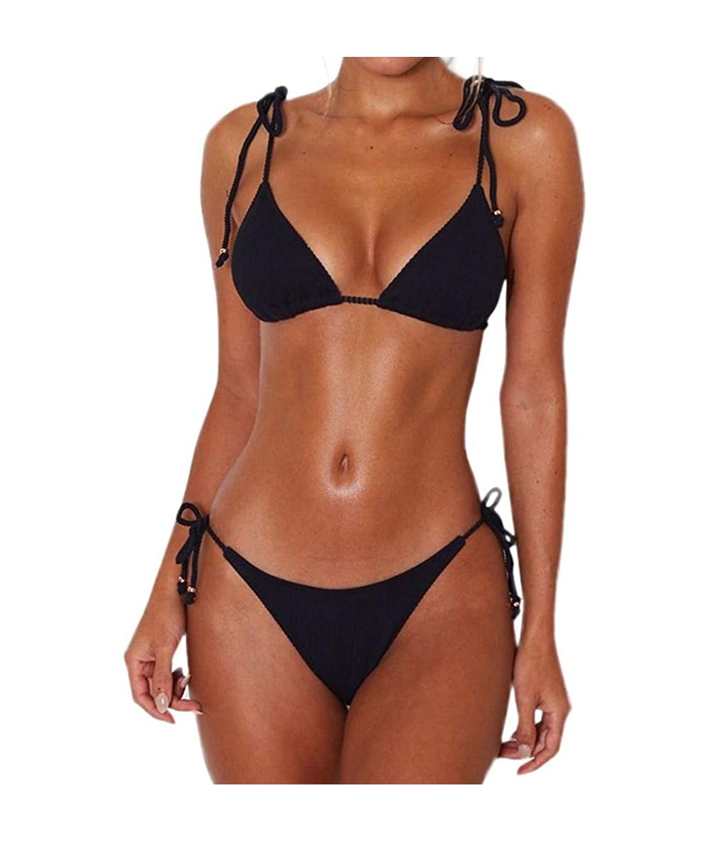 Sets Women's Tie Side Bottom Triangle Bikini Swimsuits - Black1 - CZ18QN2O9W8 $25.99