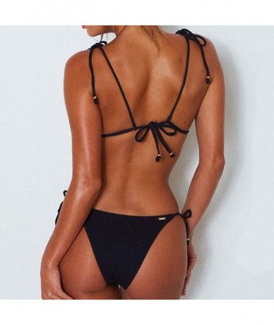 Sets Women's Tie Side Bottom Triangle Bikini Swimsuits - Black1 - CZ18QN2O9W8 $25.99