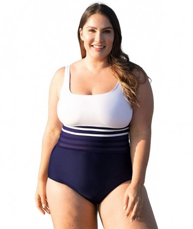 One-Pieces Women's Plus Size Mesh Band One-Piece Swimsuit - Deep Sea Navy (1170) - CY197SXUZOM $72.25