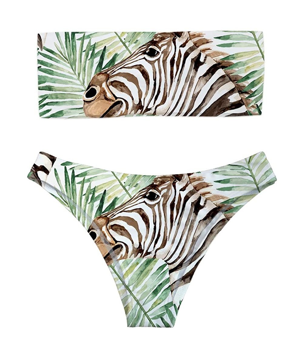 Sets Women Fashion Printed Bandeau Bikini Set Strapless High Cut Swimsuit - Zebra Palm Leaf - CP18QZHOTKL $44.38