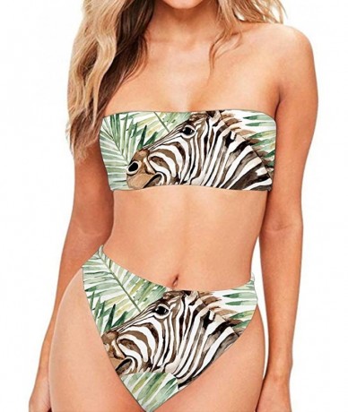 Sets Women Fashion Printed Bandeau Bikini Set Strapless High Cut Swimsuit - Zebra Palm Leaf - CP18QZHOTKL $44.38