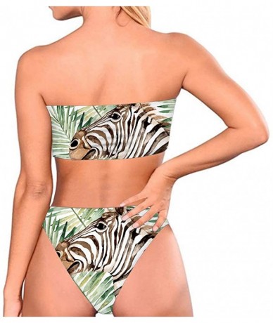 Sets Women Fashion Printed Bandeau Bikini Set Strapless High Cut Swimsuit - Zebra Palm Leaf - CP18QZHOTKL $44.38