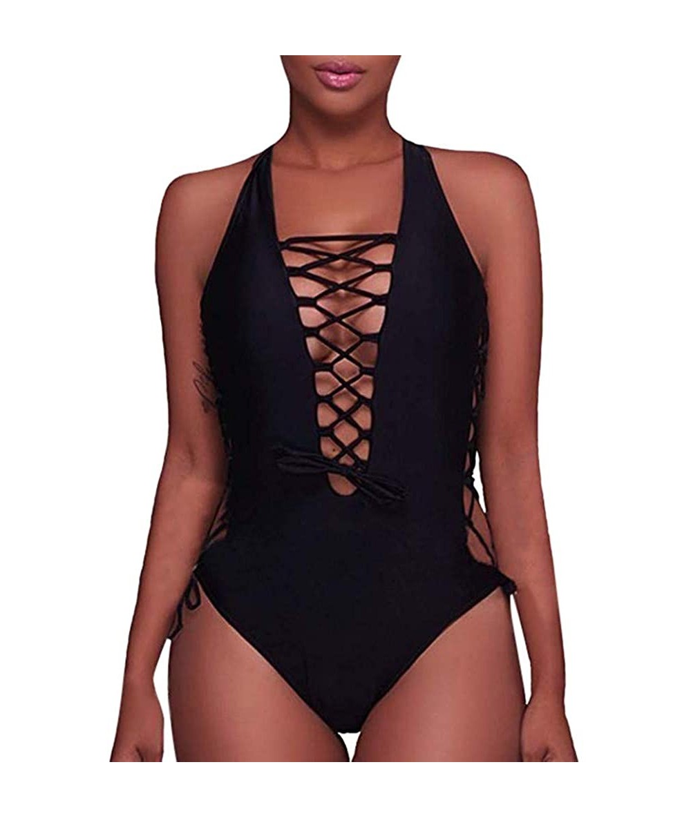 One-Pieces Beach Briefs Swimsuits Women 2019-Women Solid Bandage Padded One Piece Bikini Swimsuit Beachwear Swimwear - Black ...