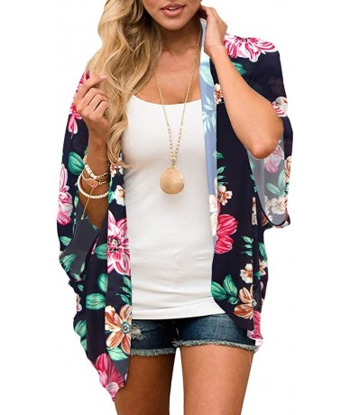 Cover-Ups Women's Floral Print Kimono Sheer Chiffon Loose Cardigan - 02-navy Blue Floral - C619CZNEZZZ $28.48