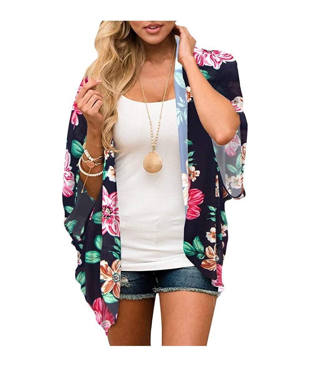 Cover-Ups Women's Floral Print Kimono Sheer Chiffon Loose Cardigan - 02-navy Blue Floral - C619CZNEZZZ $28.48